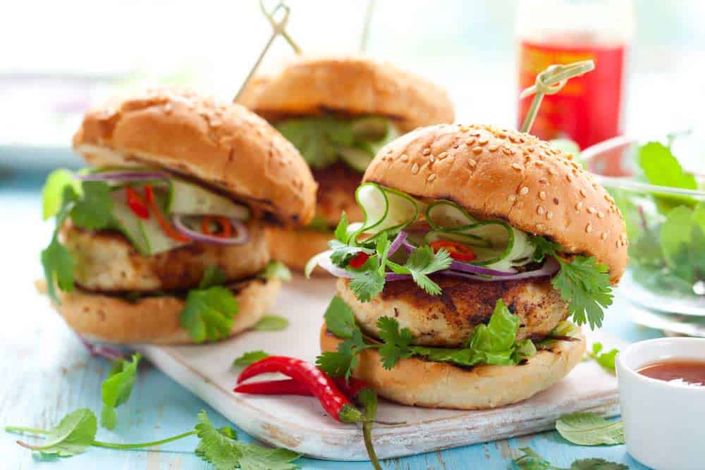 Thai chicken burger recipe with fiery hot sauce